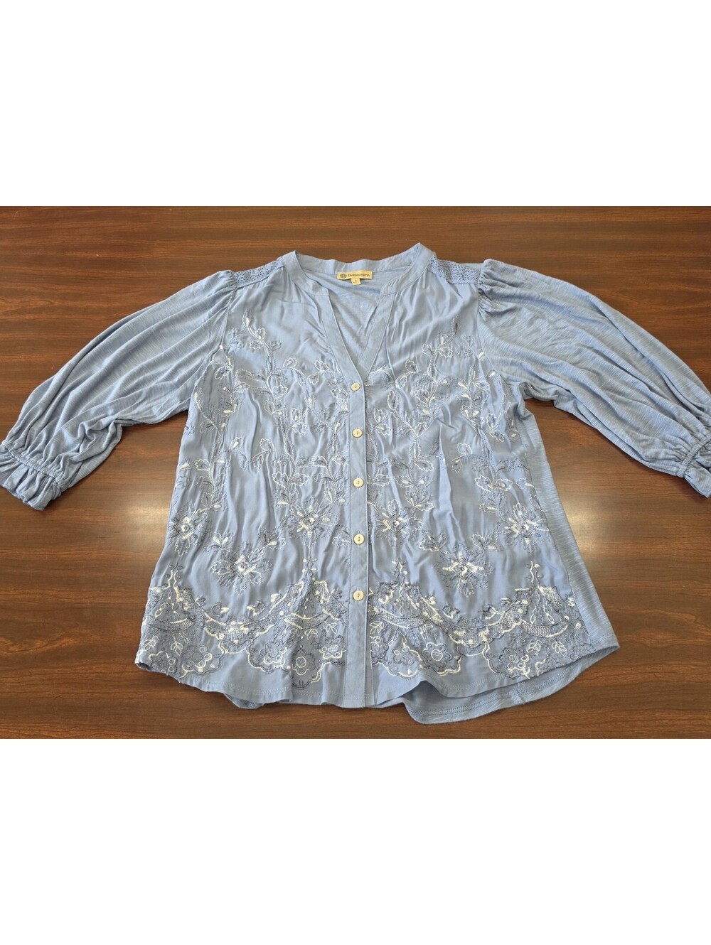Democracy Blue Embroidered Boho Peasant Blouse Women Small 3/4 Sleeve Floral Top